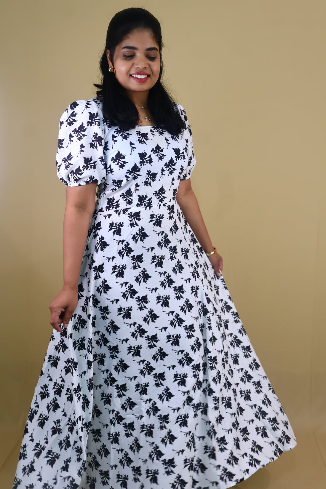 Black & White Foliage long Dress