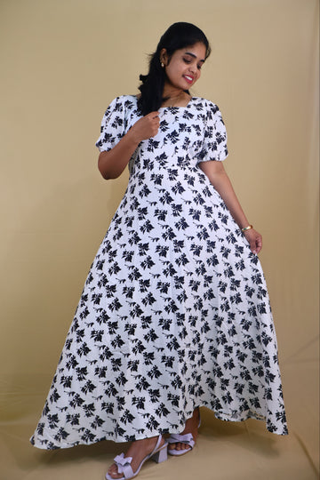 Black & White Foliage long Dress