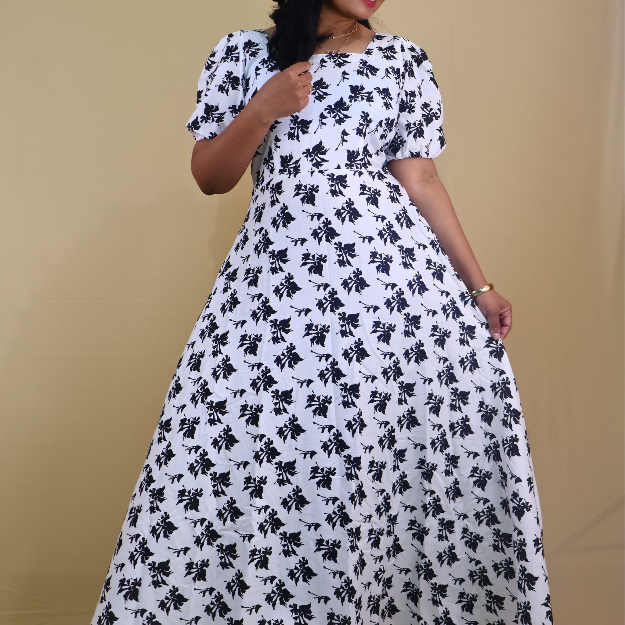Black & White Foliage long Dress
